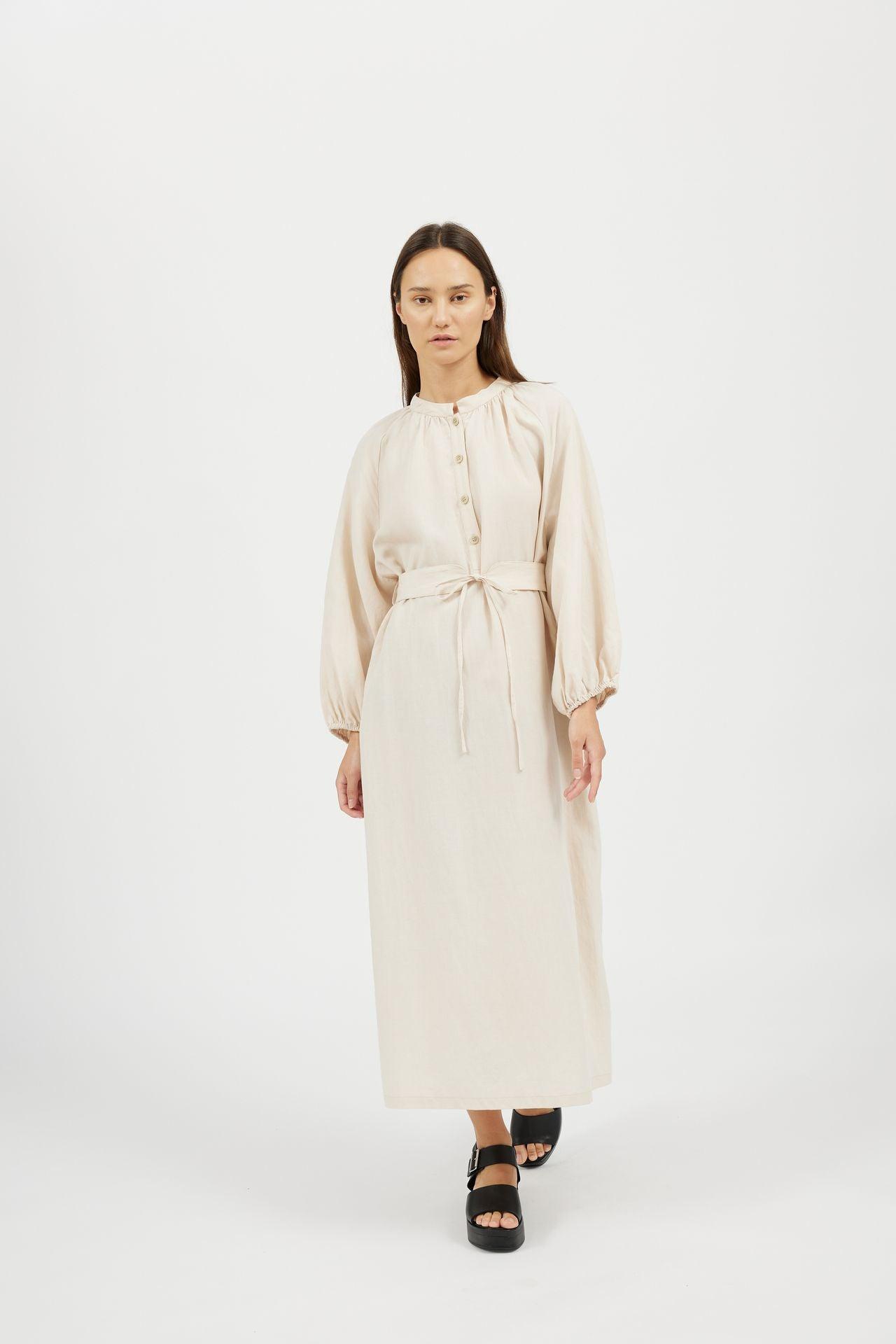 Women&#39;s Puff Sleeve Linen Long Dress - NOT LABELED
